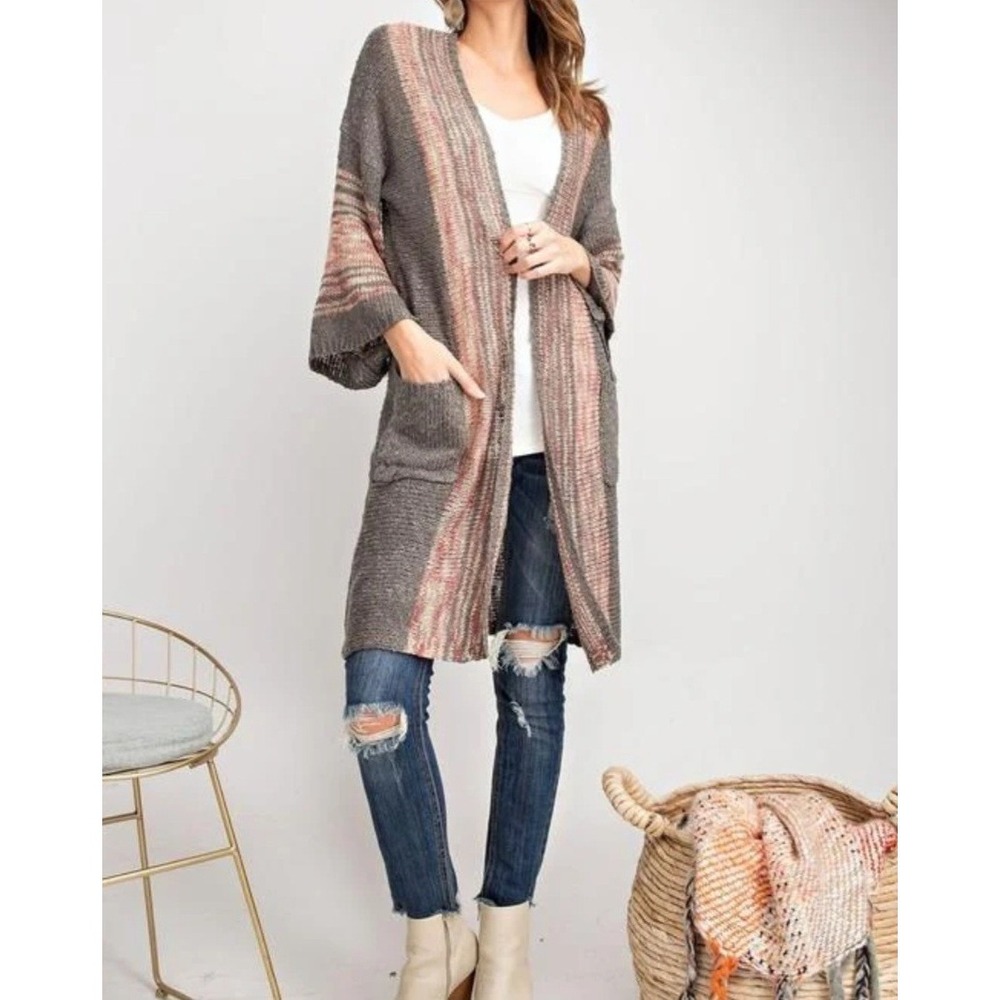 Easel Boho Wide Sleeve Long Cardigan Women's M/L Gray Pink Open Front Oversized